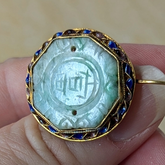 Vintage Chinese Jadeite Filigree Gilt Silver Carved Jade Enamel Dangle Earrings - Picture 2 of 10